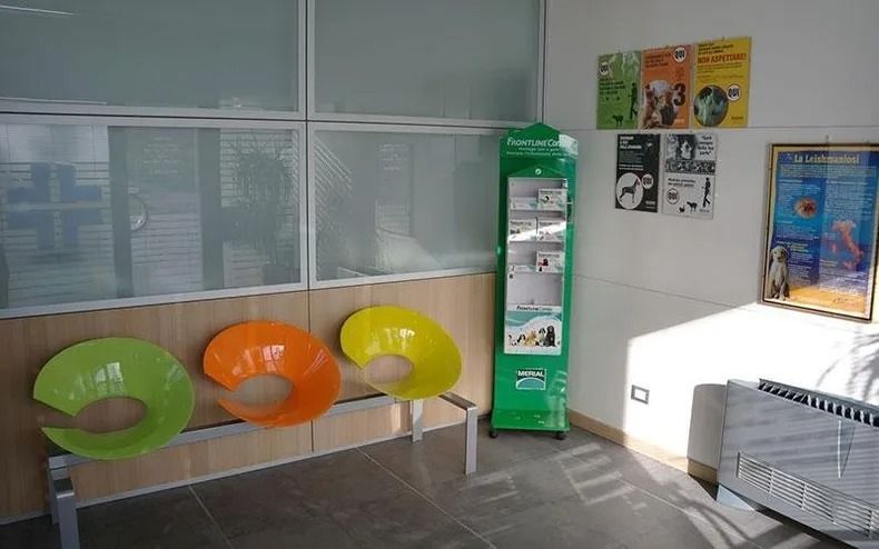 Sala d'attesa con tre sedie colorate, un espositore verde per brochure e poster alle pareti.