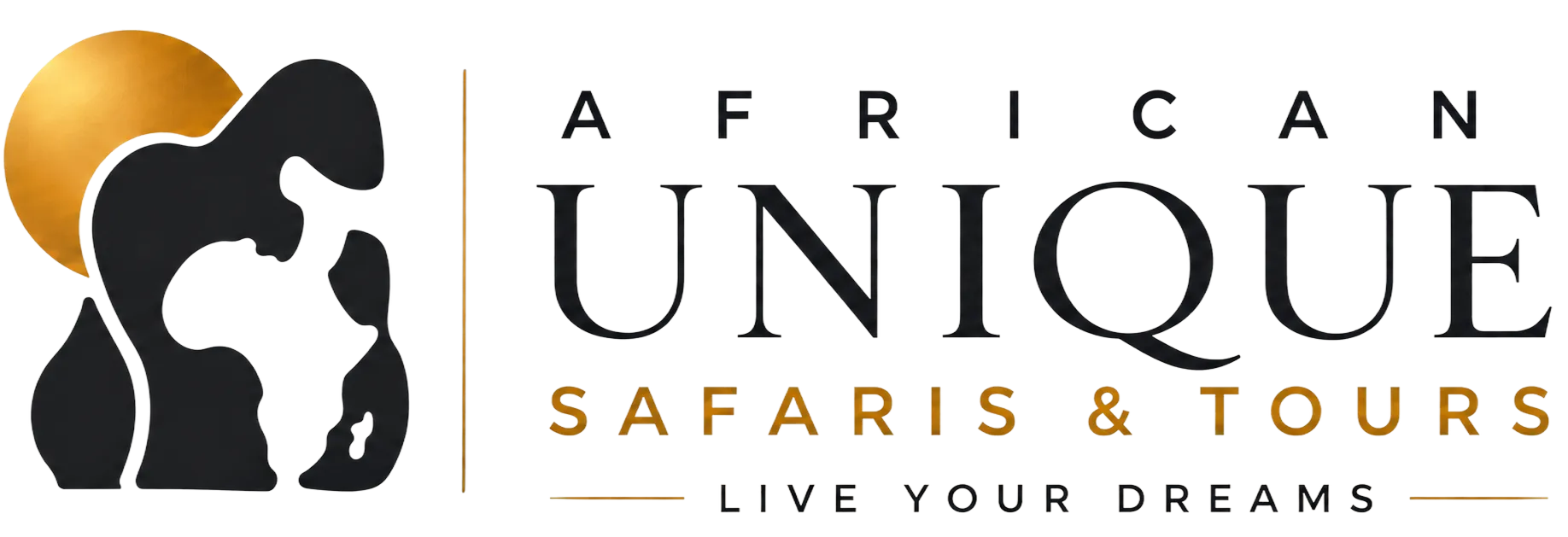 African Unique Safaris & Tours logo with stylized black and gold safari animal icon and “Live Your Dream” tagline