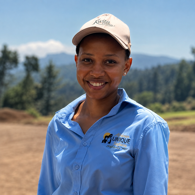 Smiling person in a tan cap and blue shirt standing outdoors with mountains in the background