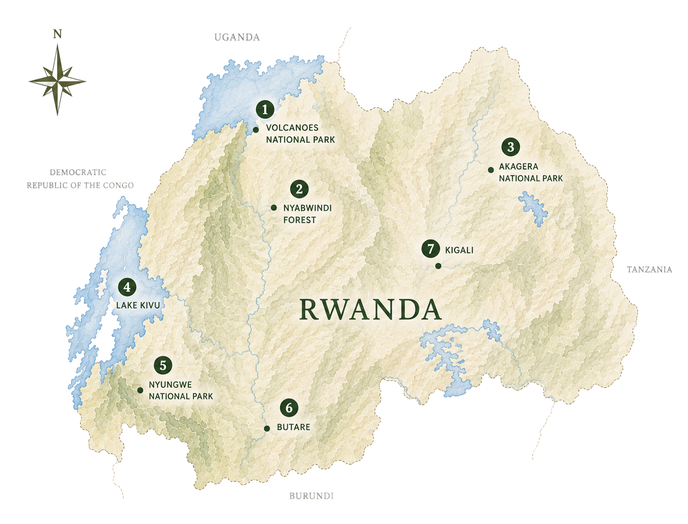 Illustrated map of Rwanda with labeled towns and mountain icons on a beige background.