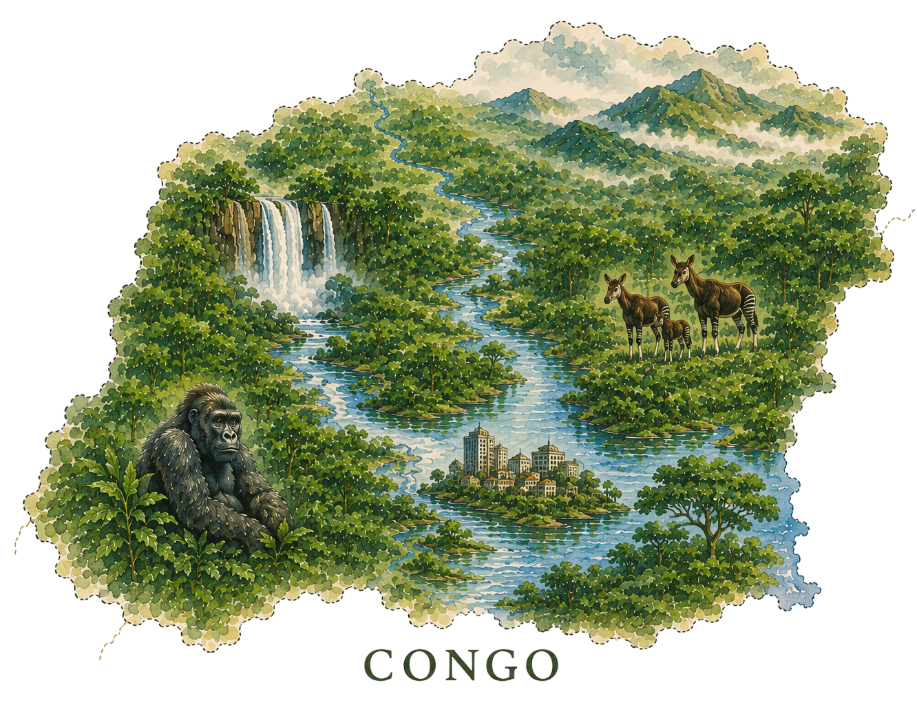Illustrated map of the Congo with river, waterfall, forest, gorilla, and antelope; “CONGO” labeled below