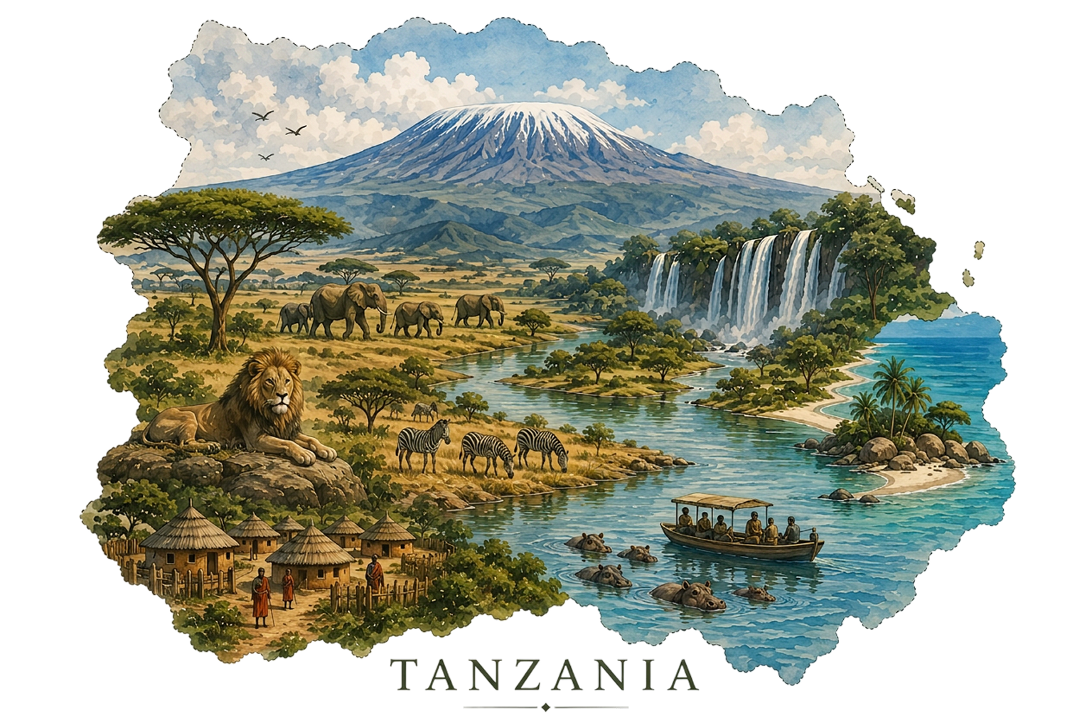 Tanzania landscape collage with Mount Kilimanjaro, wildlife, waterfalls, and coastline