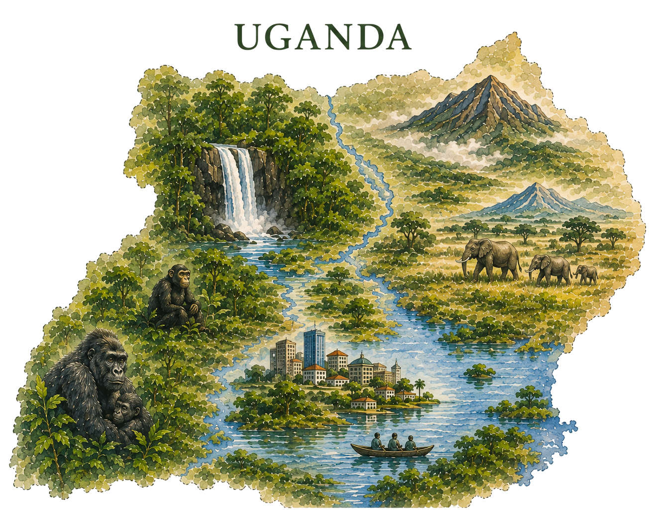 Illustrated map of Uganda with waterfall, mountain, wildlife, city skyline, and river scenes