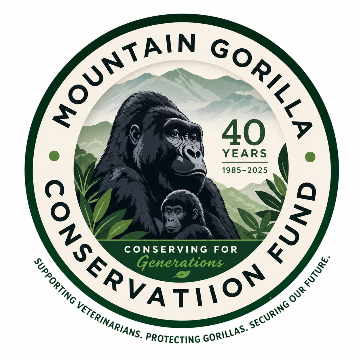 Mountain Gorilla Conservation Fund 40th anniversary logo with gorilla and mountains