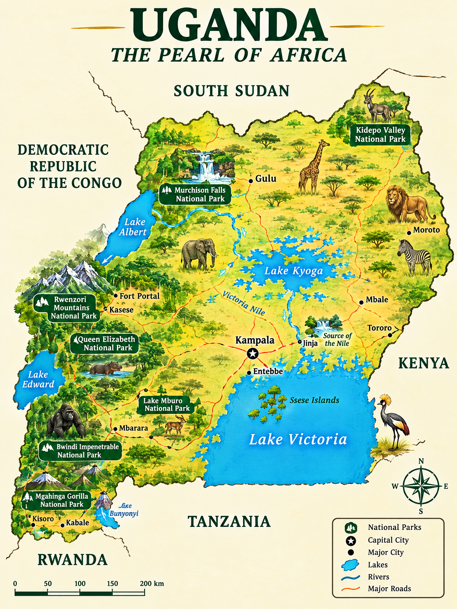 Illustrated map of Uganda with waterfall, mountain, wildlife, city skyline, and river scenes