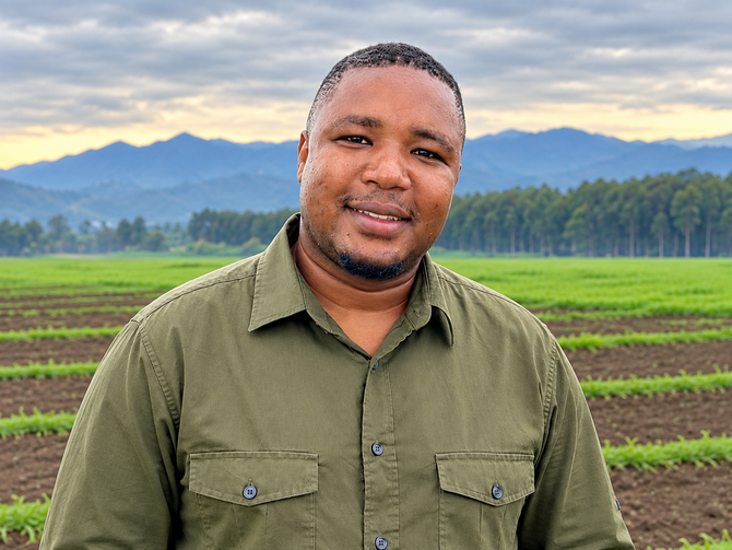Smiling person in a tan cap and blue shirt standing outdoors with mountains in the background