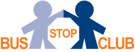A blue and orange logo for bus stop club