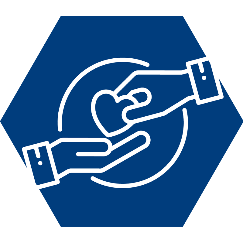 A hand is holding another hand in a blue hexagon.
