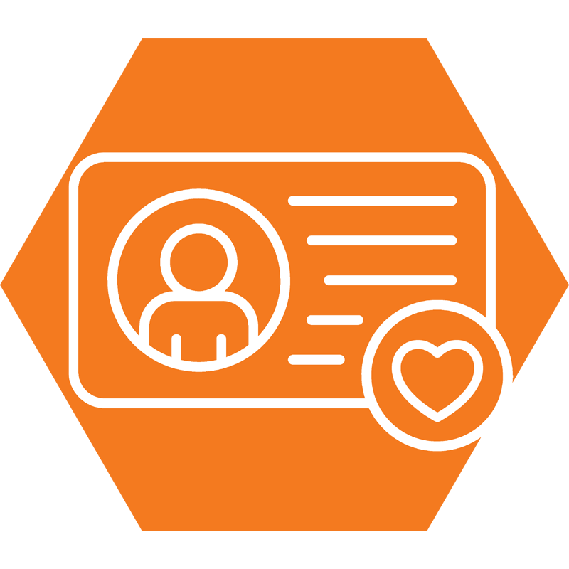 A badge with a picture of a person and a heart.
