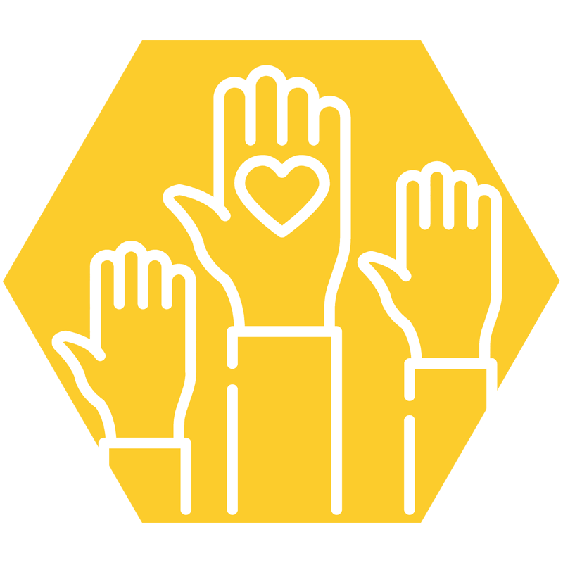 A group of hands are raised in the air with a heart in the middle.