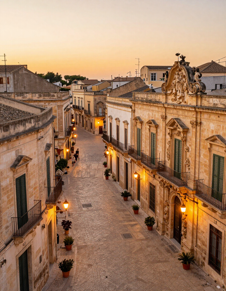Centro storico di Lecce al tramonto verso Piazza Sant'Oronzo