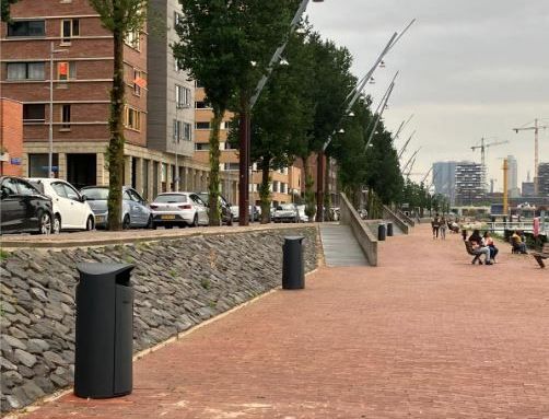 Straatbeeld: een rij bomen en auto's naast een bakstenen pad langs de waterkant. Mensen zitten op bankjes.