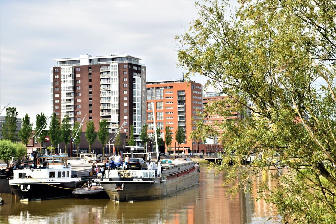Boten liggen aangemeerd aan een rivier voor hoge bakstenen appartementencomplexen. Groene bomen op de voorgrond.
