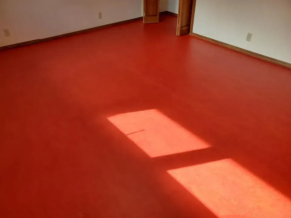 A room with a red floor and white walls