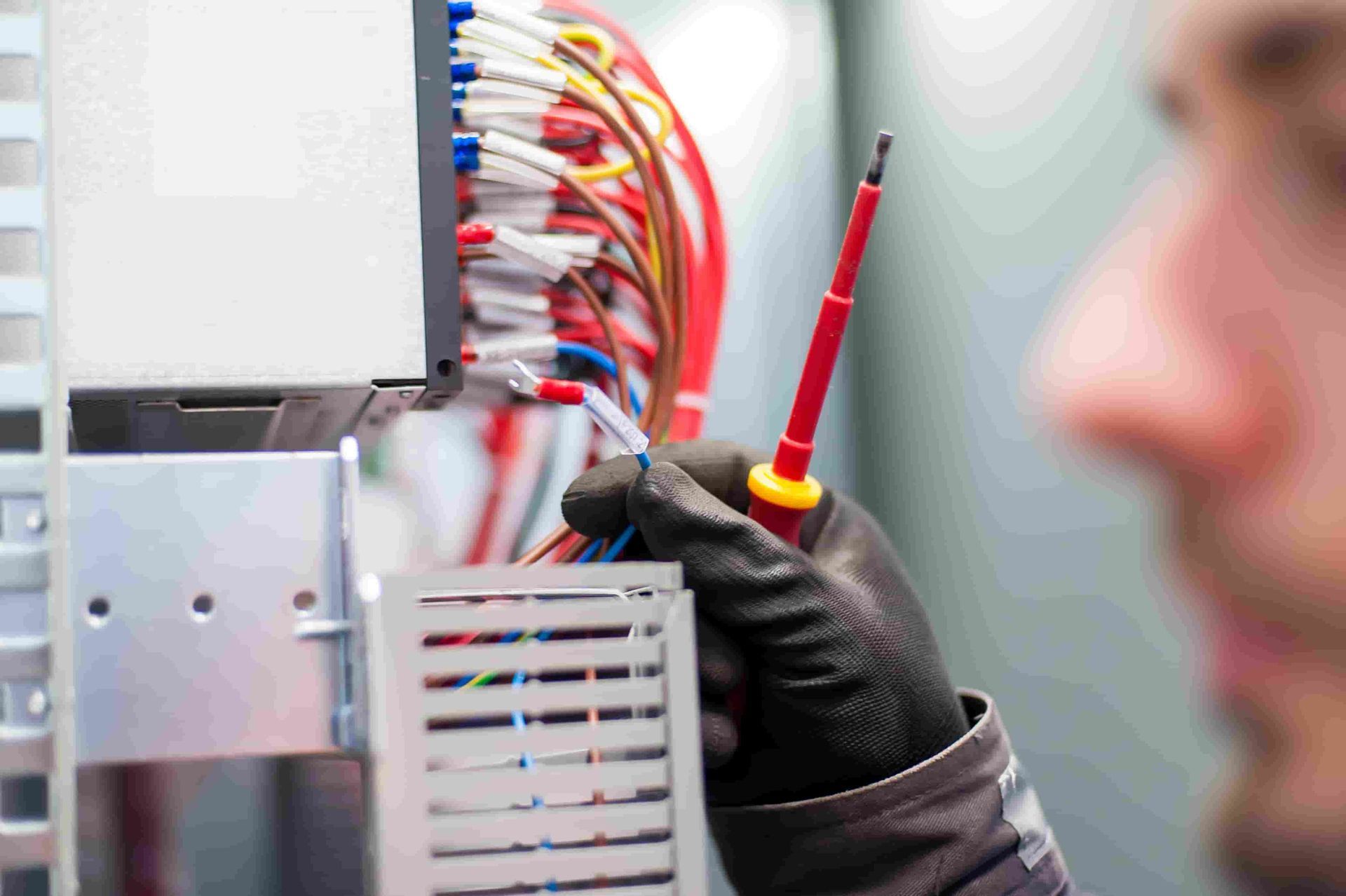 A Man Is Holding a Screwdriver in Front of A Bunch of Wires — Jason Wenta Electrical Services in Condon, QLD