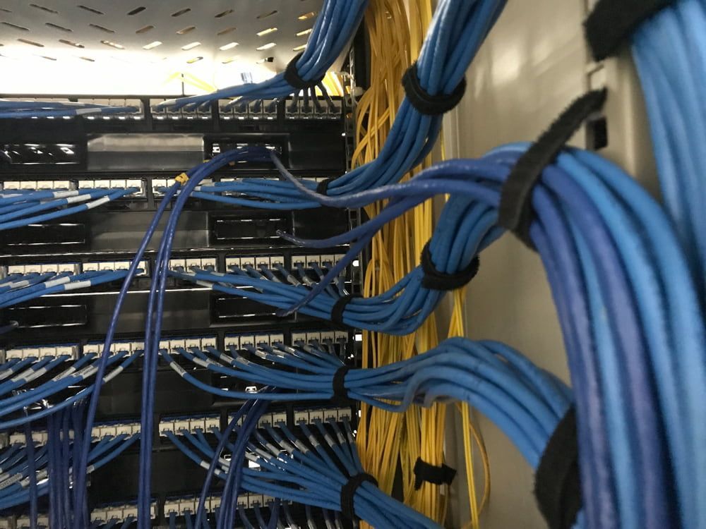 A Bunch of Blue Wires Are Connected to A Server — Jason Wenta Electrical Services in Condon, QLD