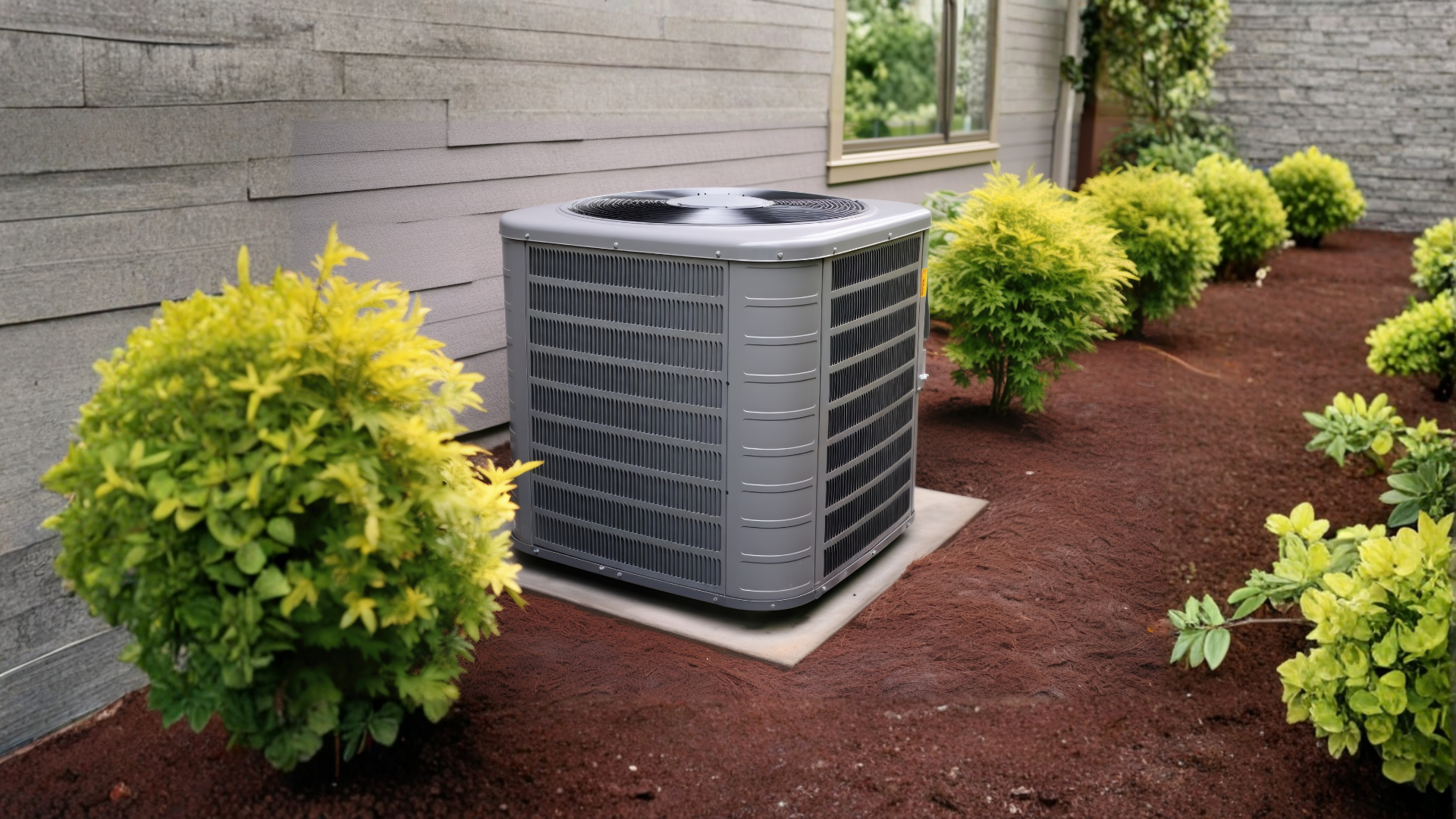 Central air conditioning unit surrounded by small, round bushes and mulch.