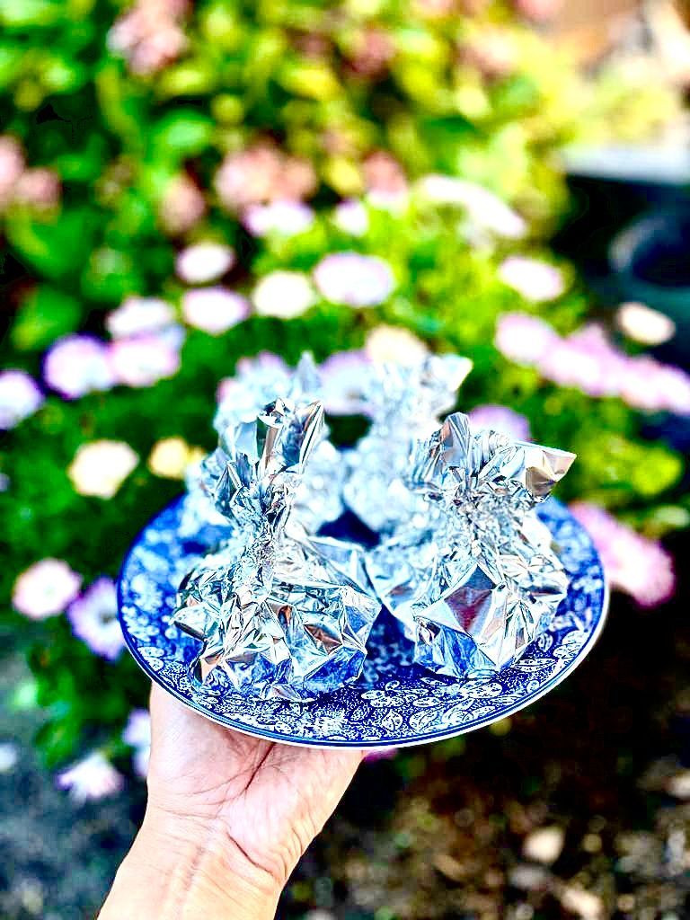 Hand die een klein rond bordje vasthoudt met twee facetgeslepen, kristalachtige sculpturen tegen een wazige tuinachtergrond.