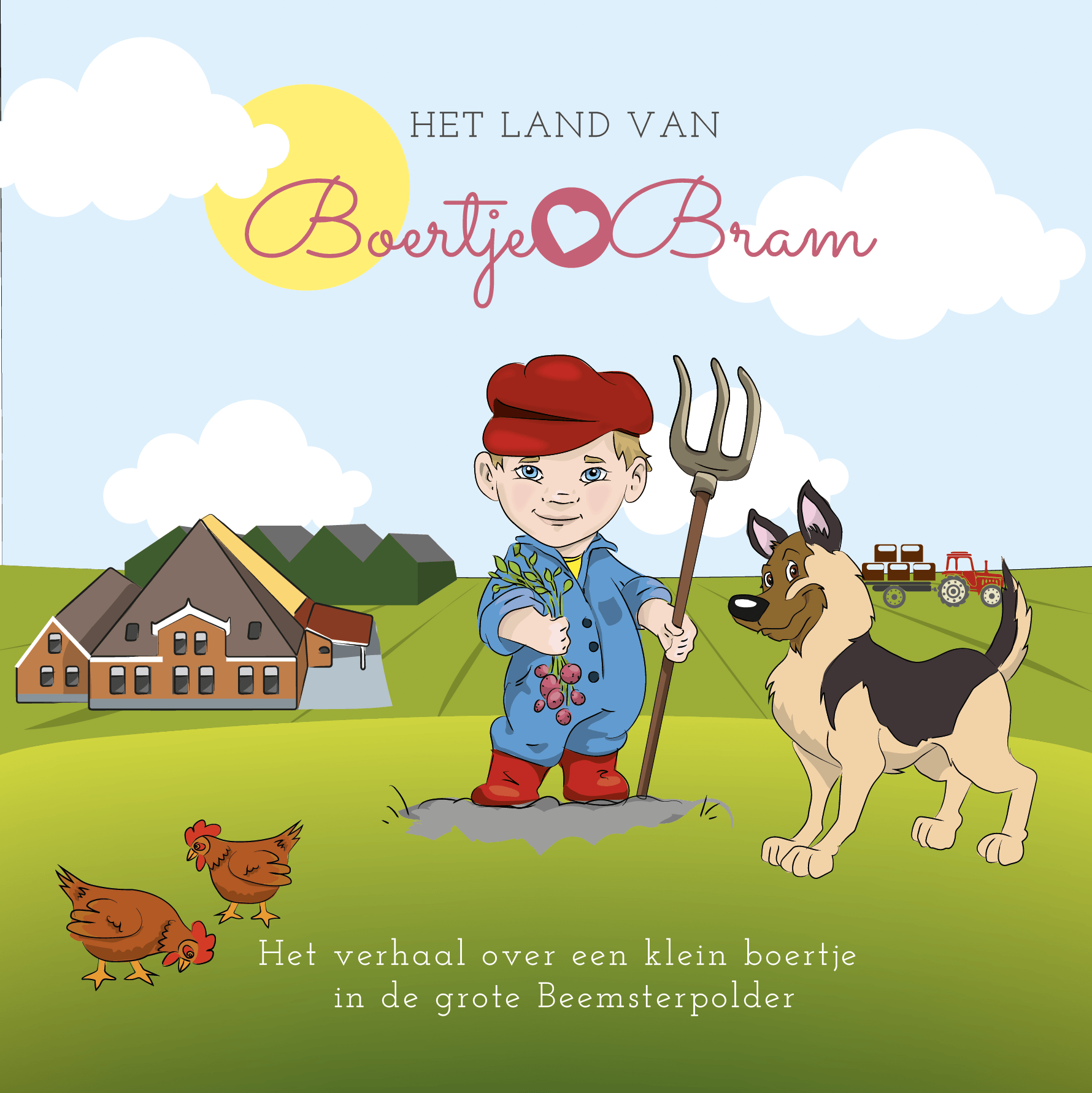 Een cartoonjongen-boer met hooivork, hond, kippen, huizen en wolken, onder de titel