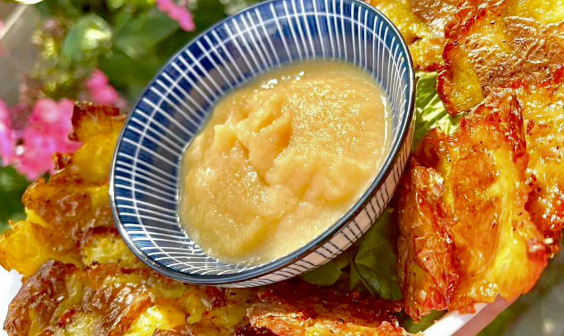 Een kom appelmoes op knapperige, goudbruine frietjes met een kleurrijke achtergrond.
