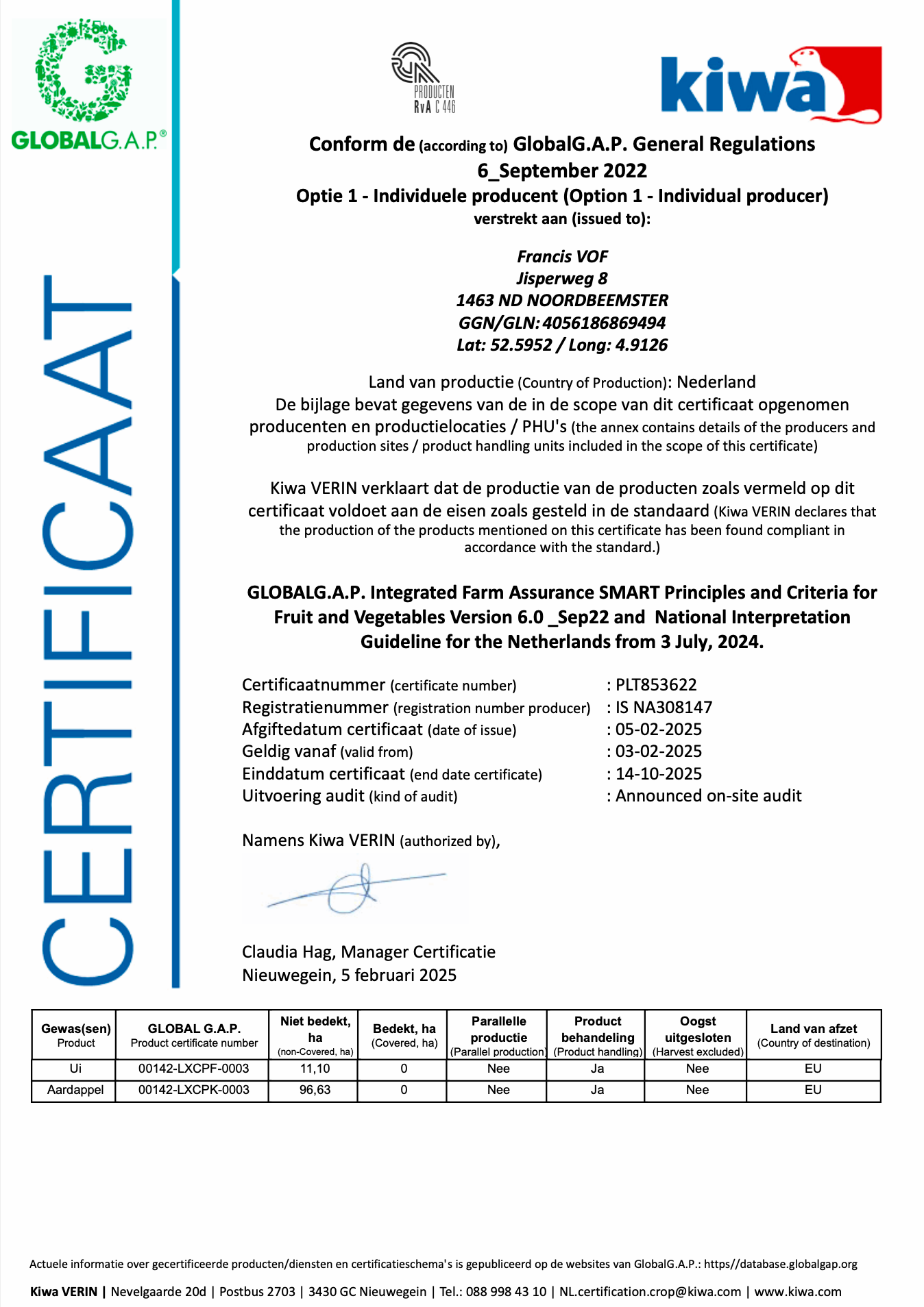 Gescande pagina van een KIWA-certificaat met blauwe verticale tekst 