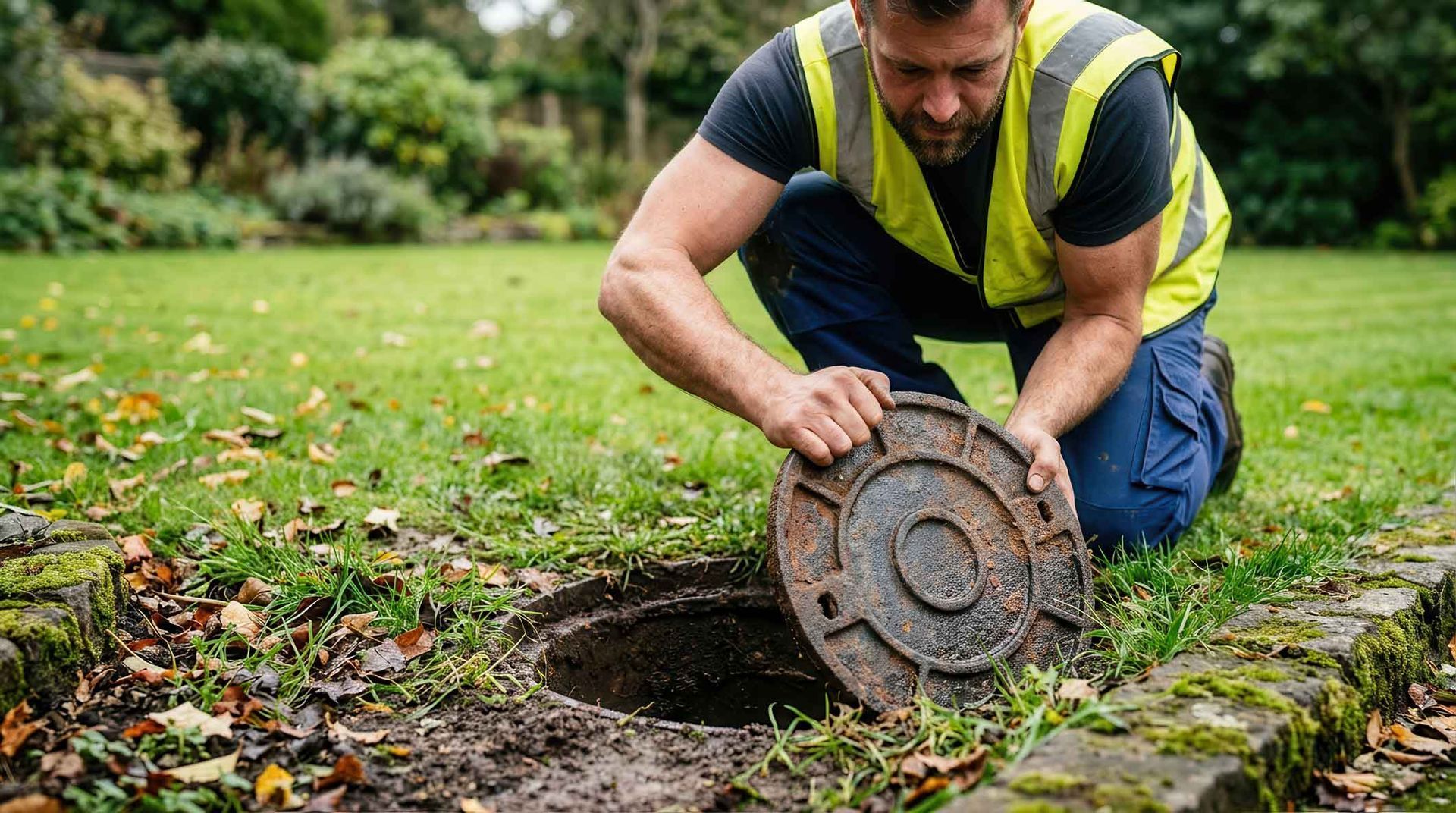 A technician in a safety vest kneels on grass, lifting a round rusty metal septic tank access cover.