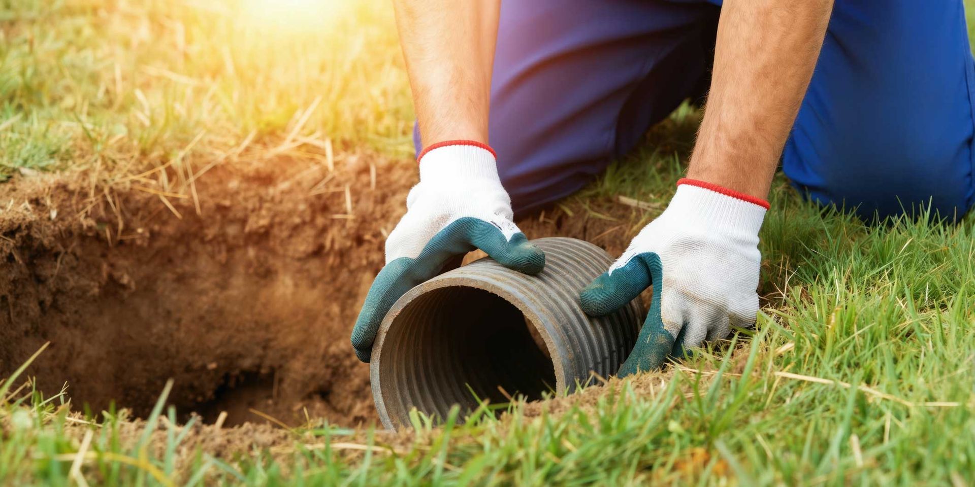 Gloved worker's hands lowering a corrugated drain pipe into a freshly dug earthen trench, sunlit. Gloved worker's hands lowering a corrugated drain pipe into a freshly dug earthen trench, sunlit.