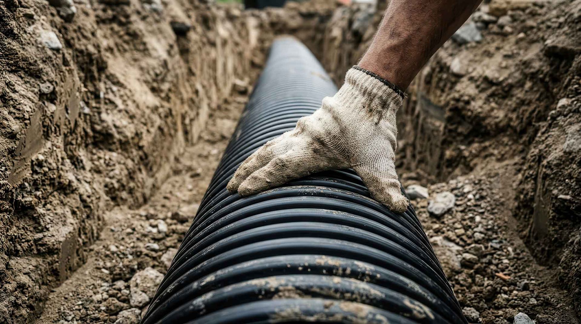 A gloved hand guides ribbed black drainpipe into a narrow, dug trench filled with soil and stones. A gloved hand guides ribbed black drainpipe into a narrow, dug trench filled with soil and stones.