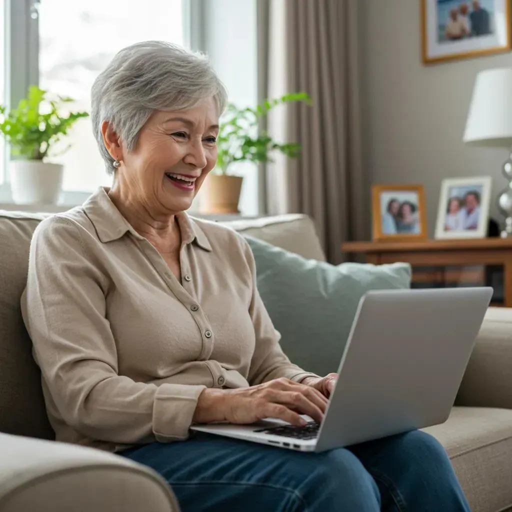 Woman with gray hair smiles while using a laptop on a sofa in a living room.