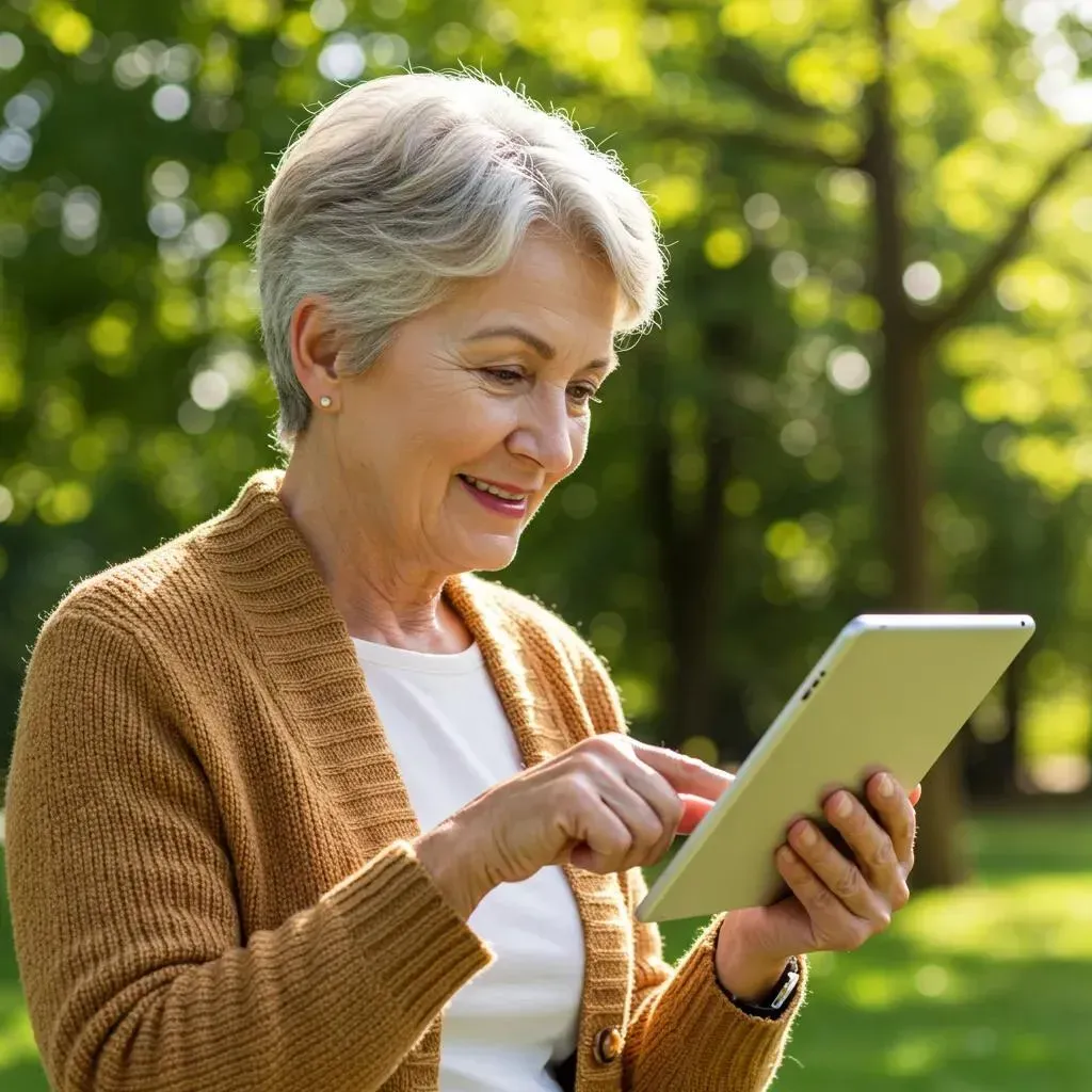 Woman in a park smiles while using a tablet. She wears a brown sweater and has short grey hair.