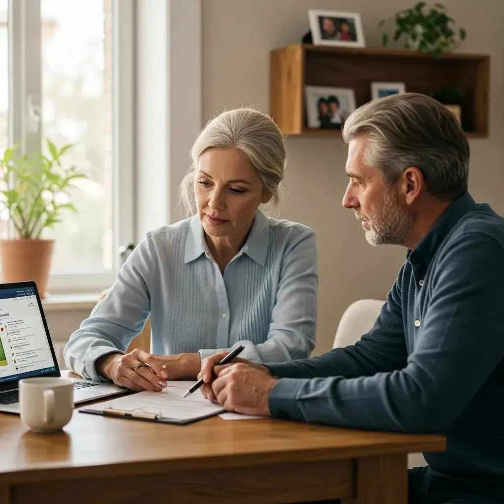 Woman and man reviewing documents at a table with laptop, pen, and coffee mug.