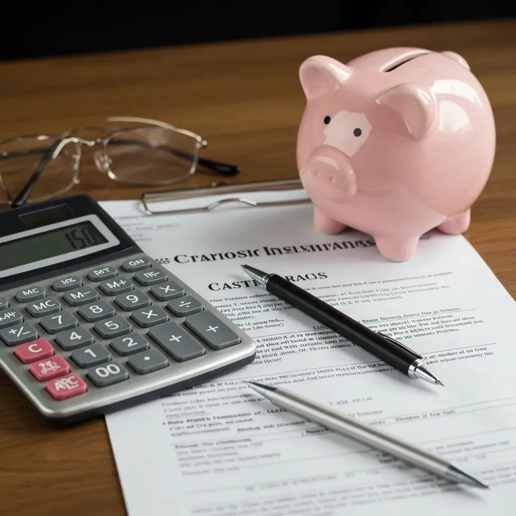 Piggy bank, calculator, glasses, pen, and paperwork on a wooden desk.