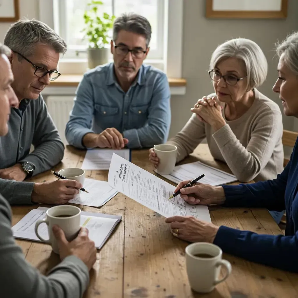 Group of people at a wooden table reviewing documents, writing, and drinking coffee indoors.