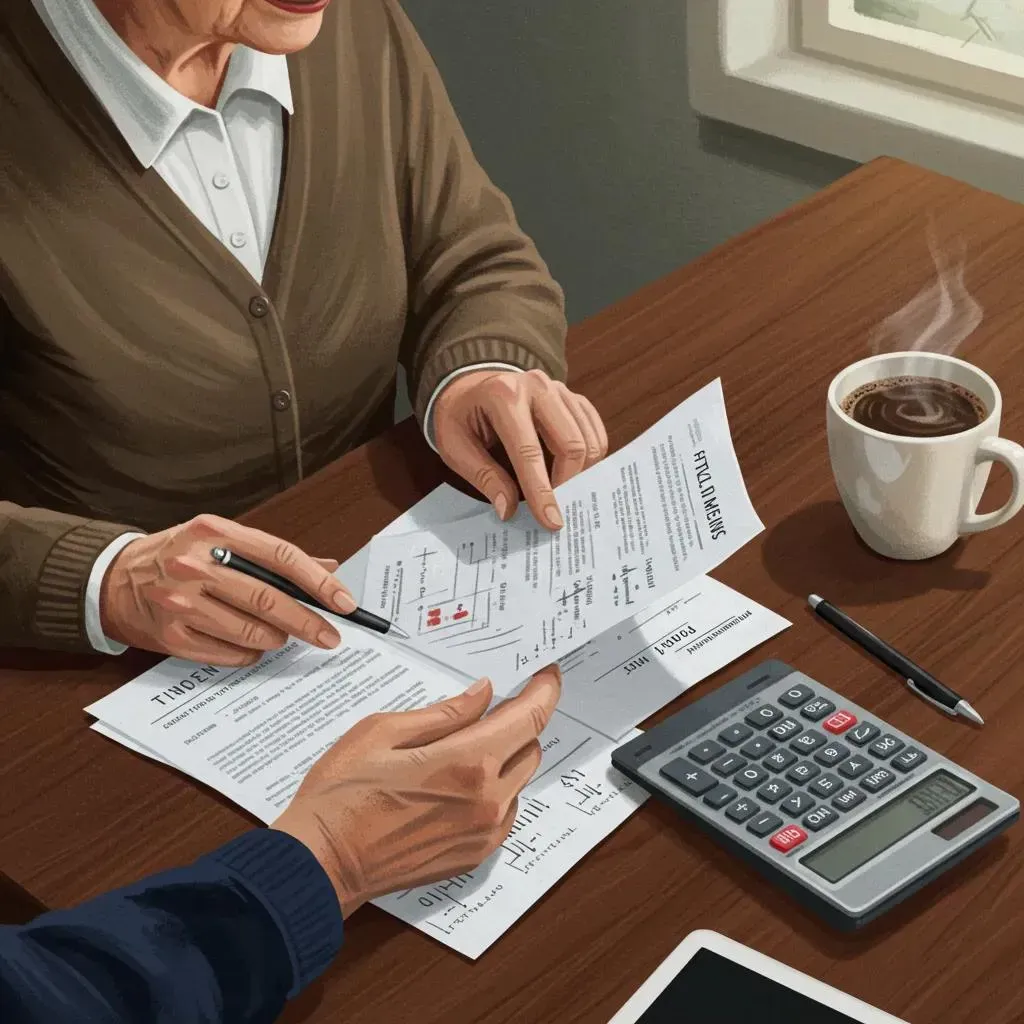 Two people reviewing documents at a table with a calculator, pen, and coffee.