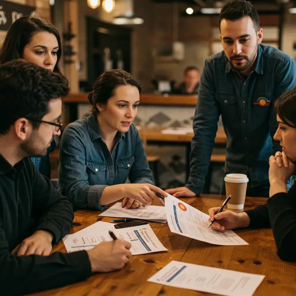 Group of people in a cafe, reviewing documents around a table. Some point, write, and look at the paperwork.