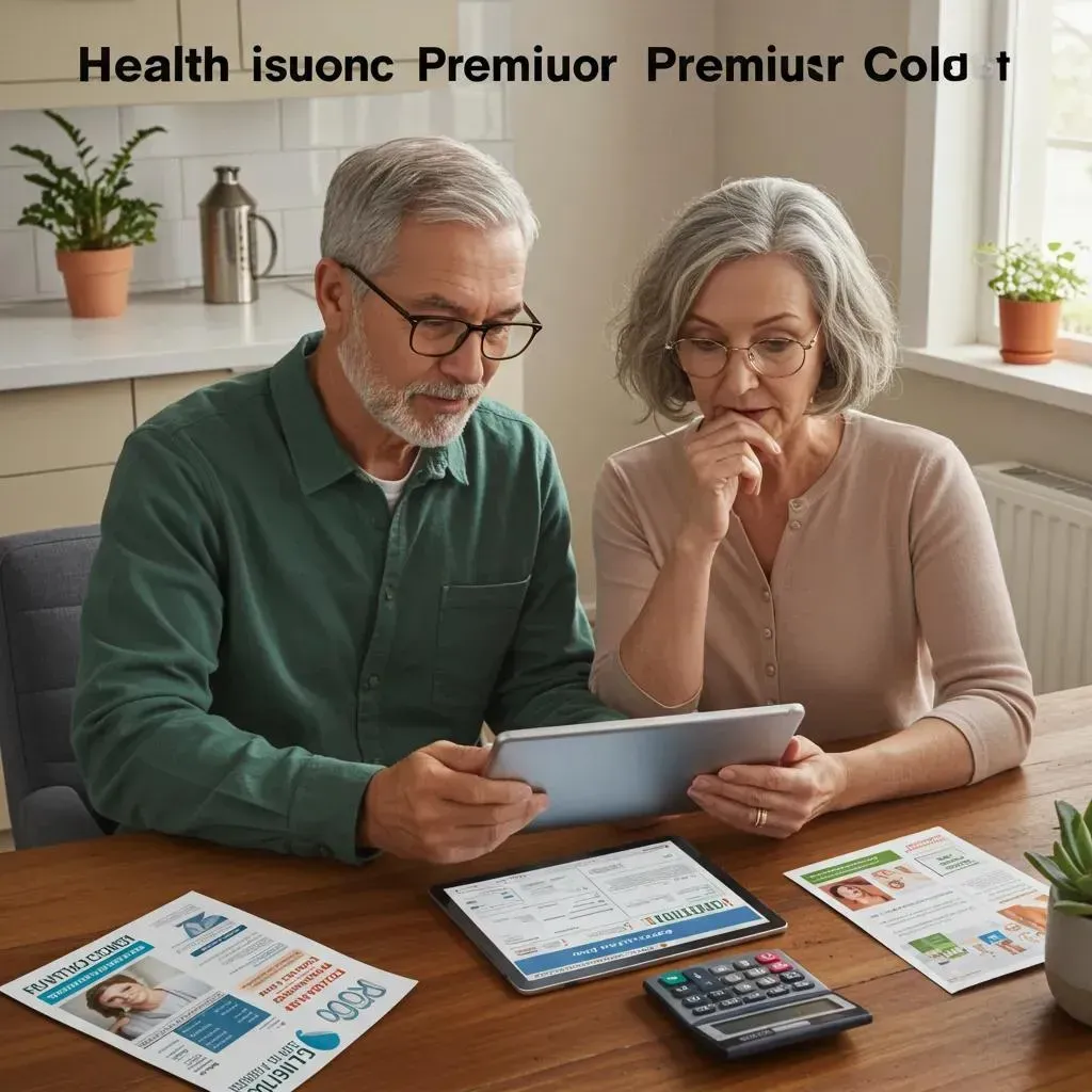 Older couple reviews documents and tablet at a table, discussing health insurance.