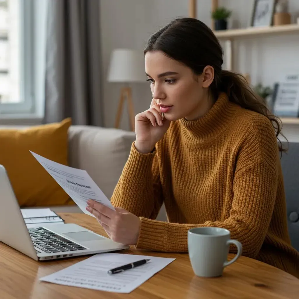 Woman in orange sweater looks at paperwork, sitting at a table with a laptop, pen, and coffee mug.