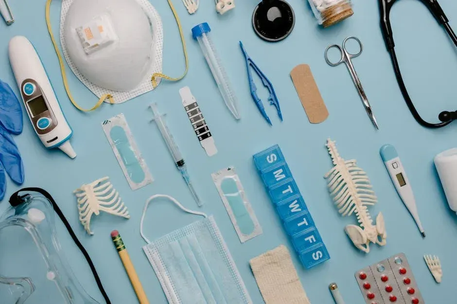 Medical supplies scattered on a light blue surface, including face masks, thermometer, stethoscope, syringe, and pill organizer.