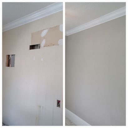 Before and after of a wall; left side shows holes, right side shows a freshly painted wall.