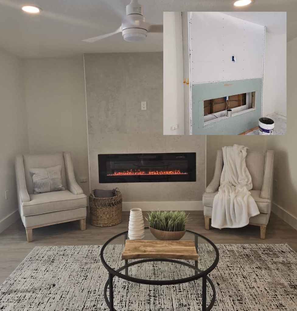 Living room with fireplace, chairs, rug, and coffee table. Inset shows construction of the fireplace.