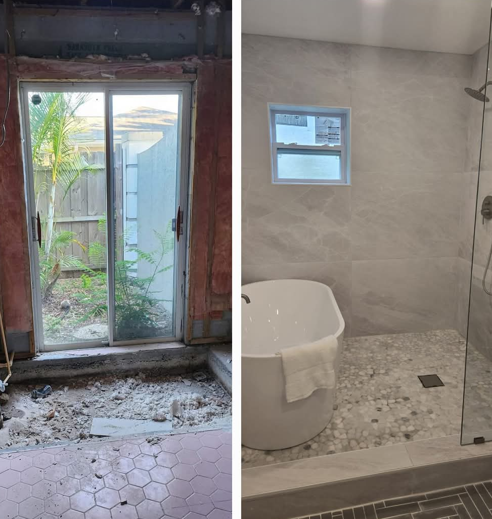 Before and after comparison of a bathroom remodel. Shows a destroyed room with a sliding glass door compared to a modern bathroom.
