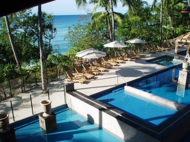 Resort pool terrace with loungers, umbrellas, palm trees, and ocean view