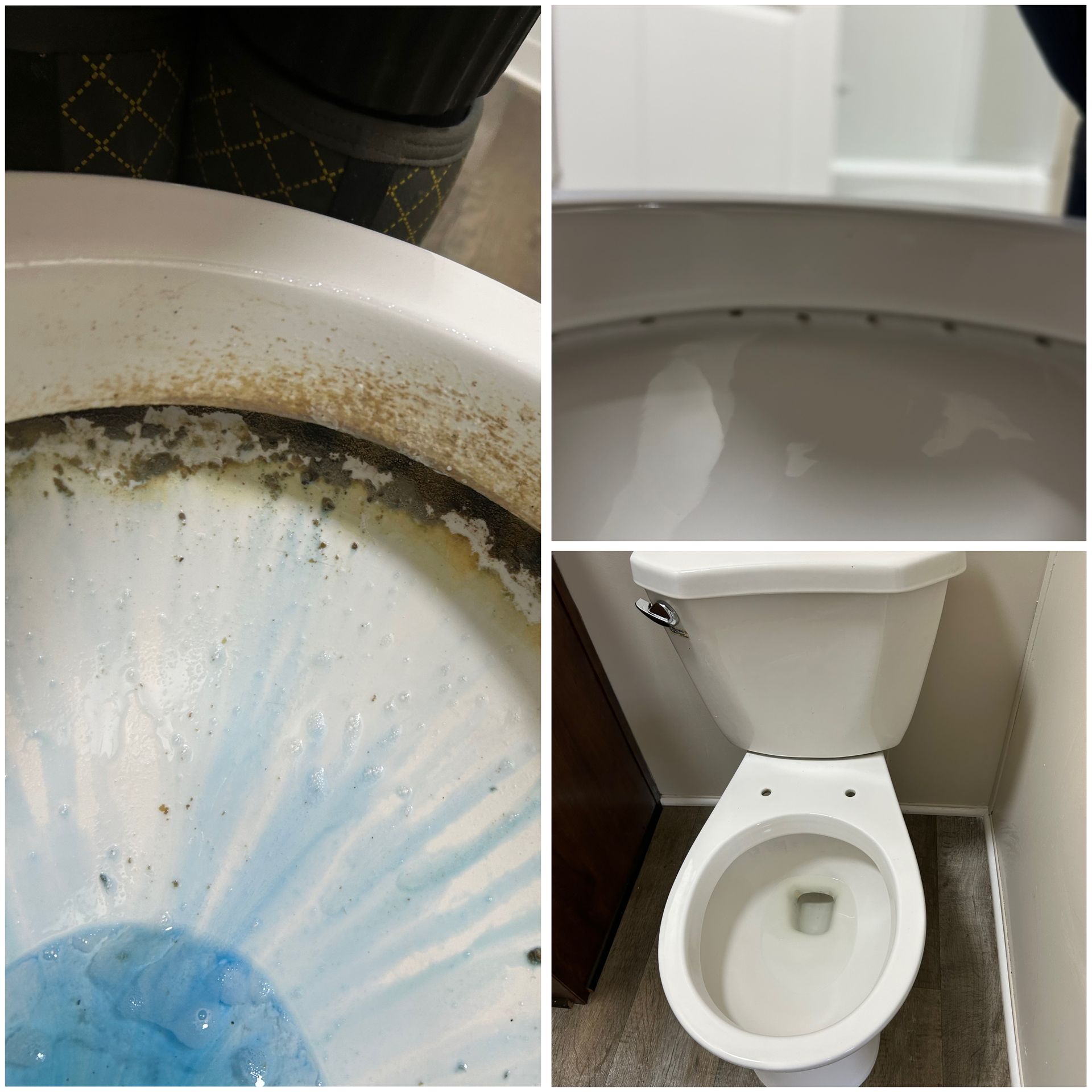 A collage showing a toilet bowl with mineral buildup under the rim and a clean view of the toilet in a bathroom setting.