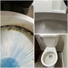 A composite showing a stained toilet bowl rim, the clean interior with water jets, and a full view of the white toilet.