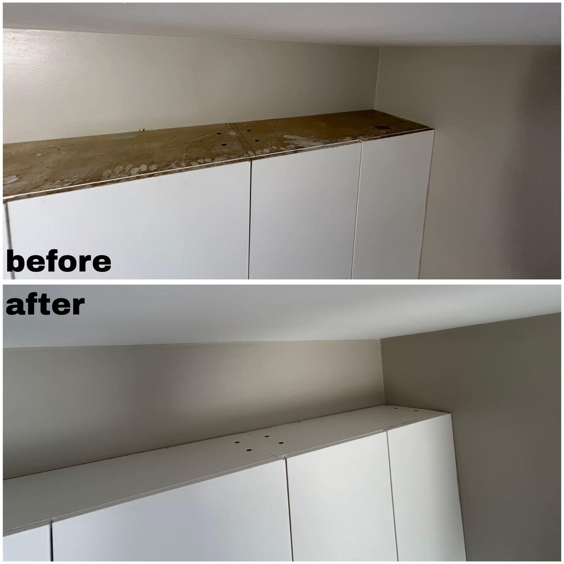 Before and after view of white cabinets, showing a bare wood top painted white to match the wall.