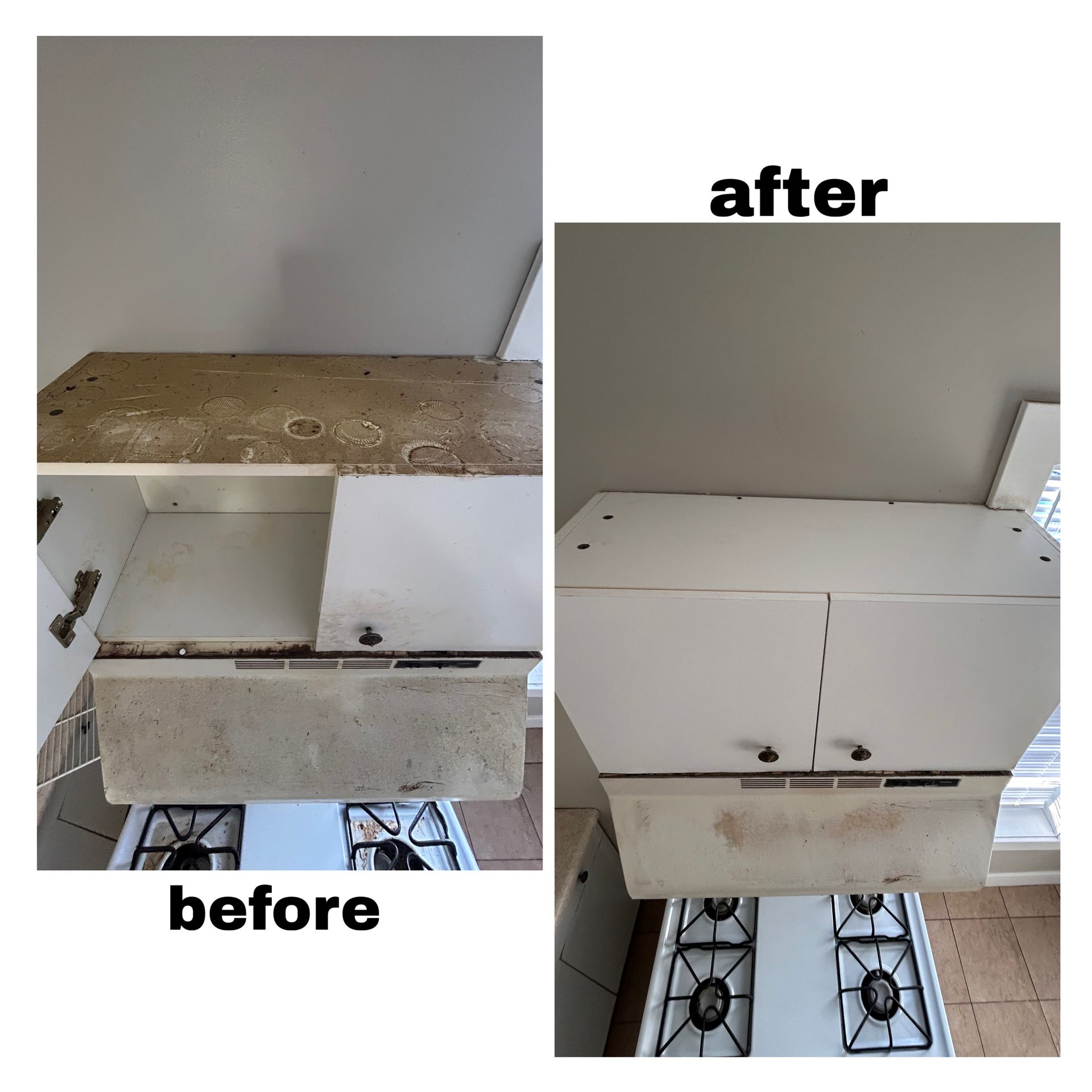 Side-by-side comparison showing a kitchen cabinet unit before and after cleaning, situated above a stovetop.
