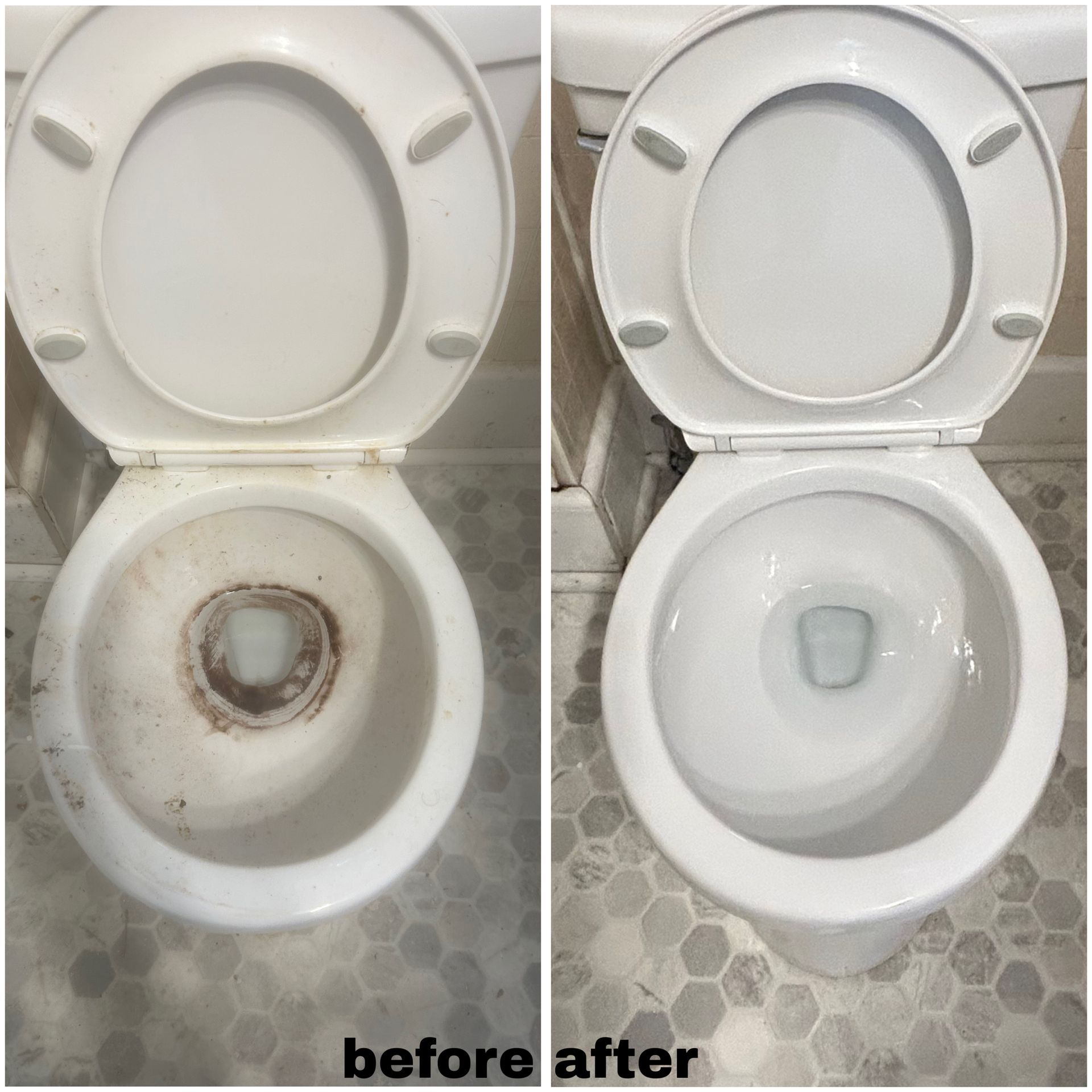 A side-by-side comparison of a stained toilet before cleaning and the same toilet looking white and clean after.