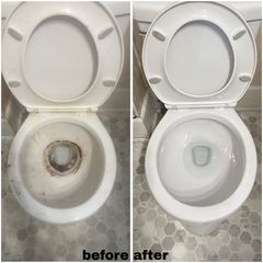 Split-screen view of a white toilet bowl showing a dark, stained interior before cleaning and a clean, white state after.