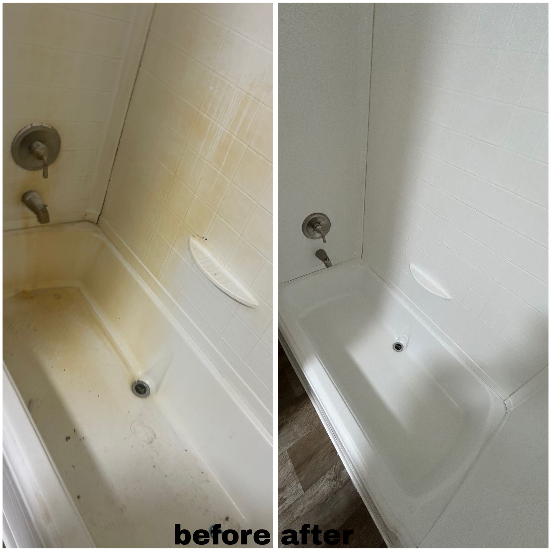 Before and after photo of a bathtub, showing heavy yellow stains removed to reveal a clean, white surface.