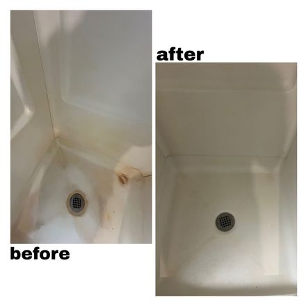 A side-by-side comparison of a shower stall, showing a stained, dirty interior before cleaning and a clean one after.